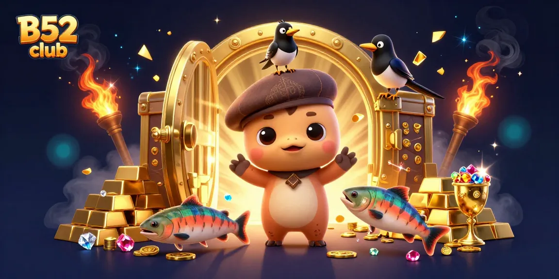 B52 club captures excitement with vibrant characters and treasures in a dynamic casino scene.