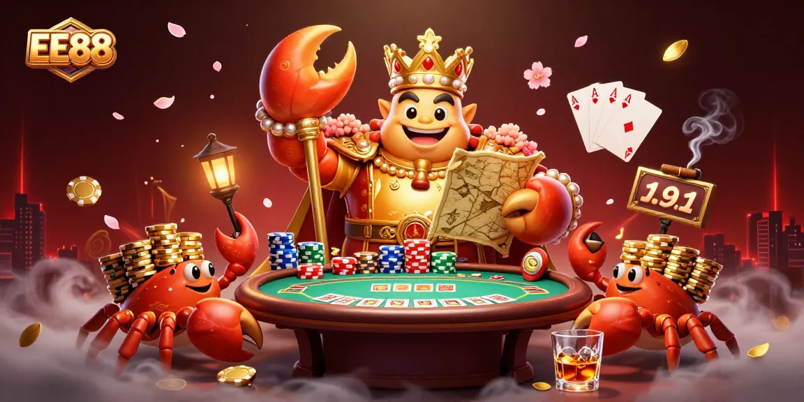 Engage in thrilling betting adventures with EE88's vibrant casino illustration featuring a golden crab emperor and poker elements.