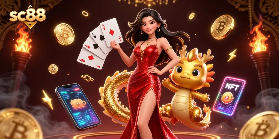 Bet on sc88 with an Asian casino beauty and a golden dragon mascot amidst animated gaming visuals.