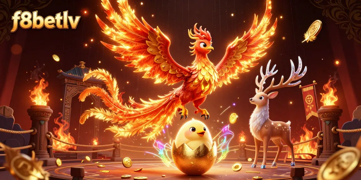 Experience the thrill of gaming at f8betlv with a colorful phoenix hatching amidst casino elements.