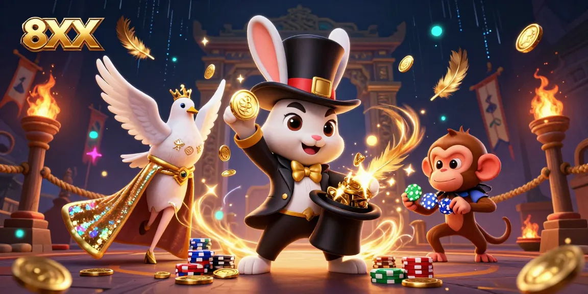 Experience the excitement of 8XX casino with a magical scene of a rabbit, dove, and monkey amidst gambling elements.