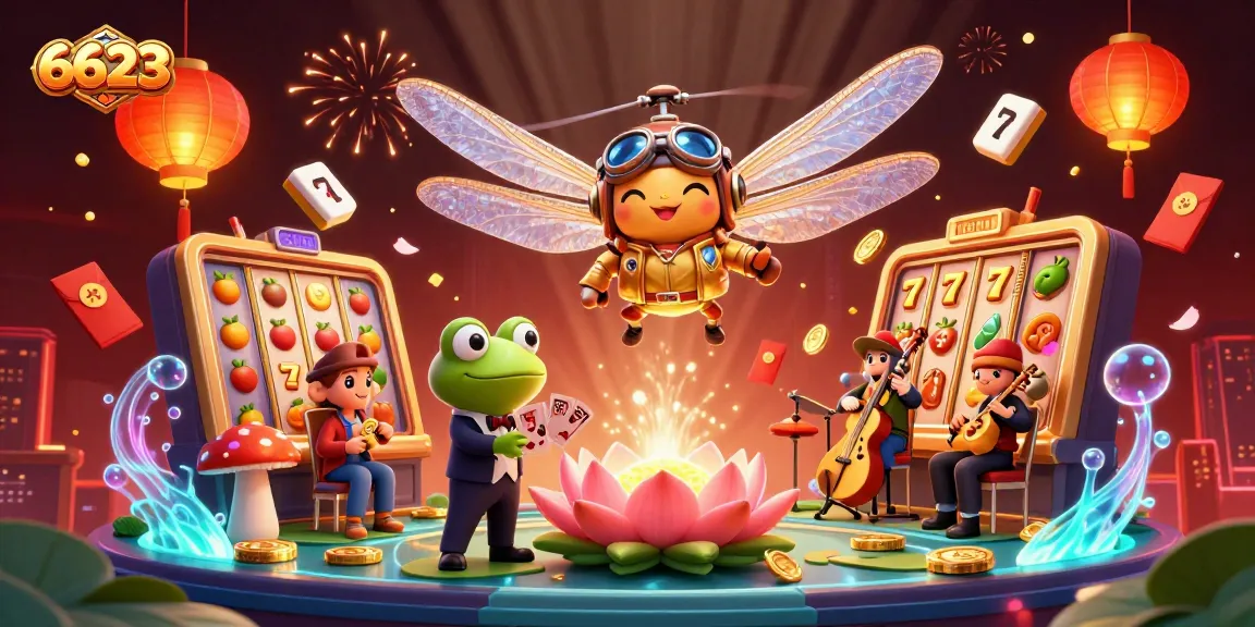 Play slots with 6623 in a vibrant casino scene featuring a dragonfly pilot and a frog dealer.