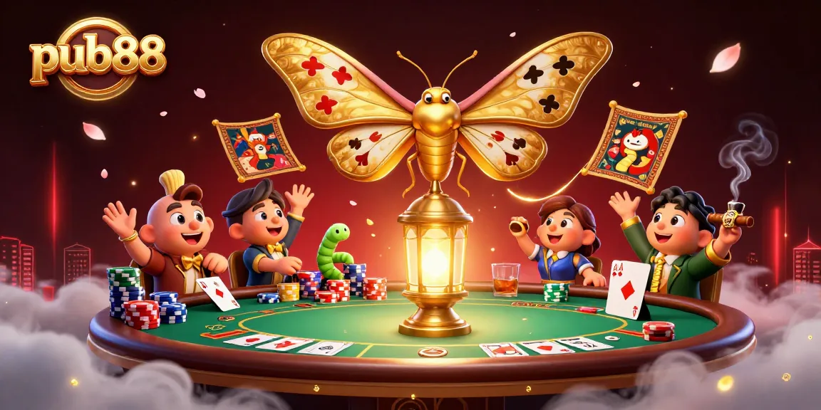 Engage in thrilling casino action at pub88 with illuminated moth and vibrant poker elements.