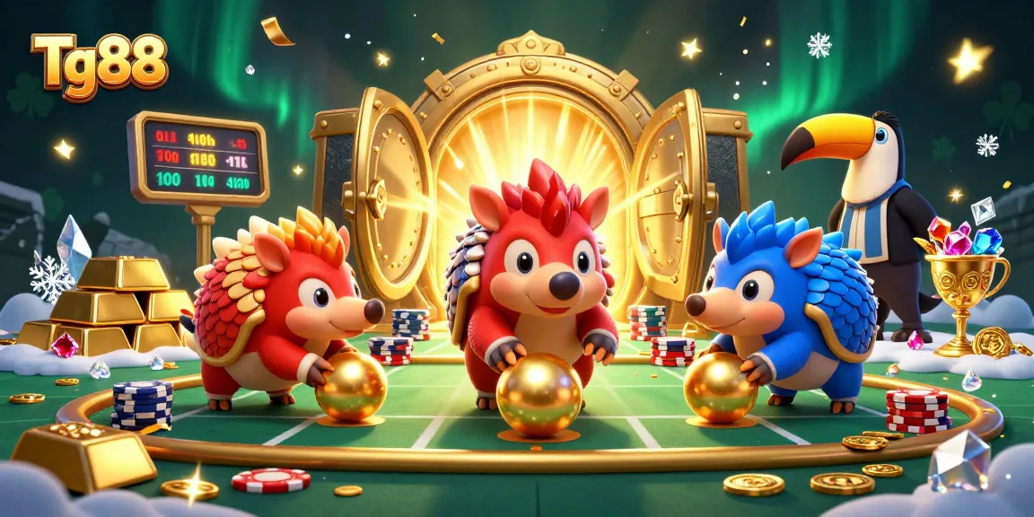 Tg88 pangolins compete in a vibrant casino scene filled with gold and treasures, enhancing the gaming thrill.