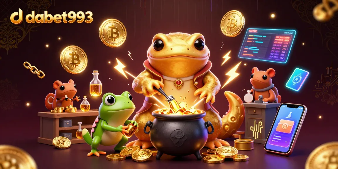 Dabet993 showcases a captivating scene featuring a golden salamander alchemist surrounded by crypto coins and gambling elements.