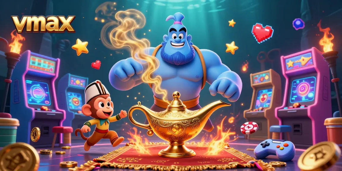 Players enjoy thrilling games at VMAX casino, featuring vibrant characters with golden tokens and dynamic action.