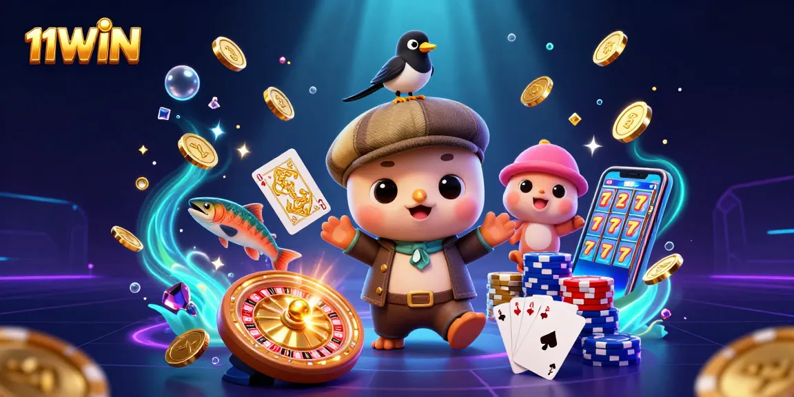 Experience thrilling jackpots with 11WIN's vibrant casino scene, showcasing playful characters and dynamic gaming elements.