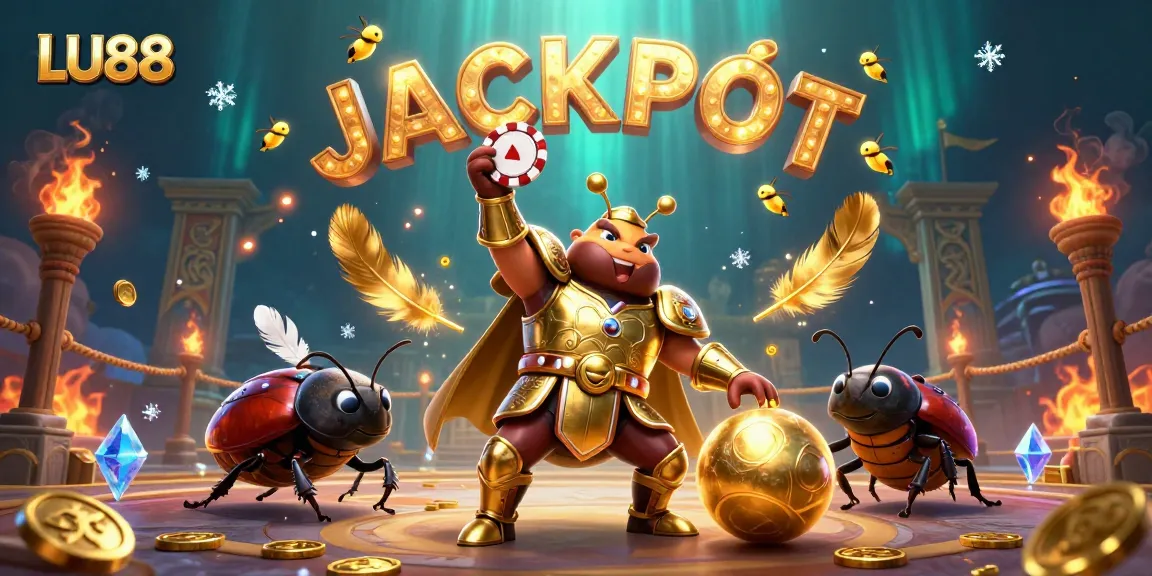 LU88 jackpot scene featuring a victorious beetle and dynamic casino elements.