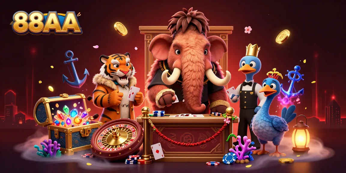 88AA showcases a lively casino scene with vibrant characters and elements, enhancing gambling excitement.