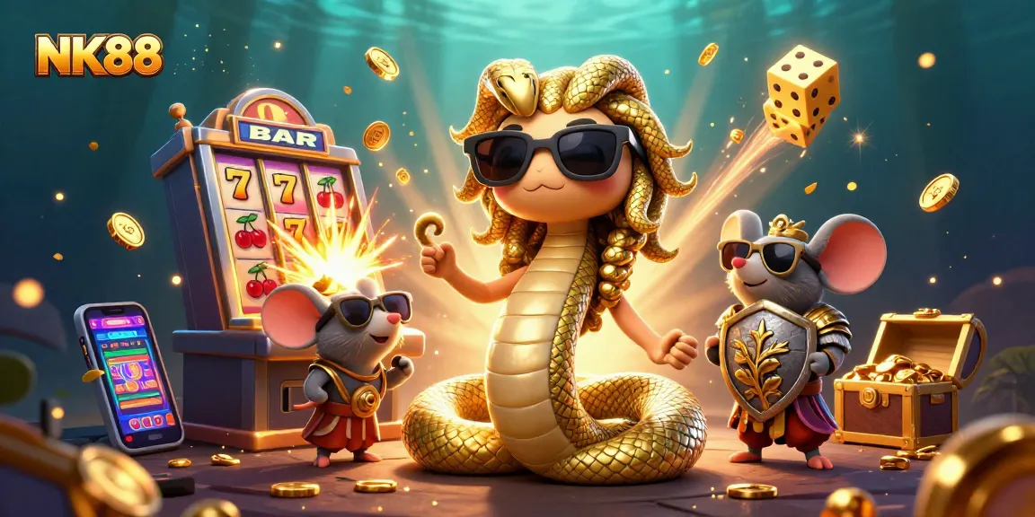 Experience exciting gaming at NK88 with a vibrant 3D illustration showcasing slot machines and joyful characters.
