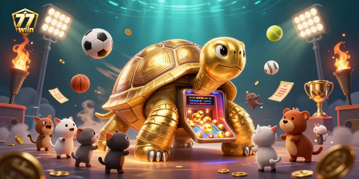 Engage in thrilling gameplay at 77win with a lively 3D casino scene featuring a golden tortoise pinball machine.