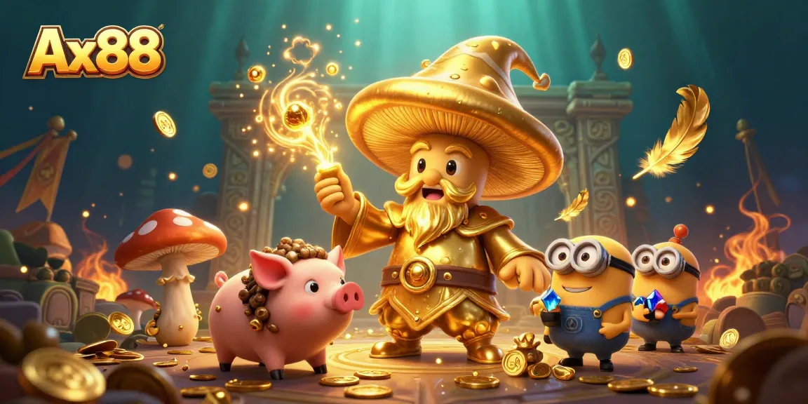 Win big with Ax88 in this vibrant 3D casino scene teeming with action and gold.