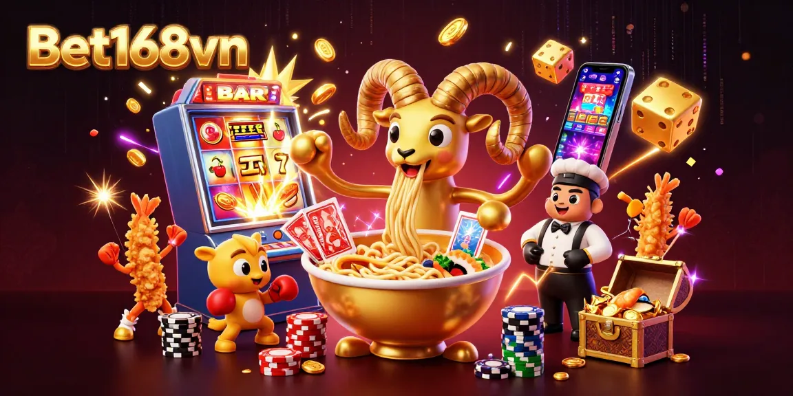 Bet168vn showcases a vibrant casino scene with dynamic elements and lively characters in action.