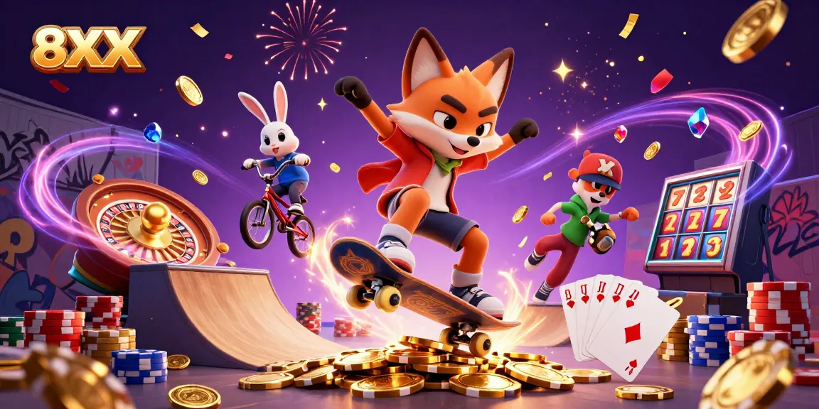 Engage with 8XX casino action featuring a skateboarder fox and BMX-riding rabbit surrounded by vibrant casino elements.