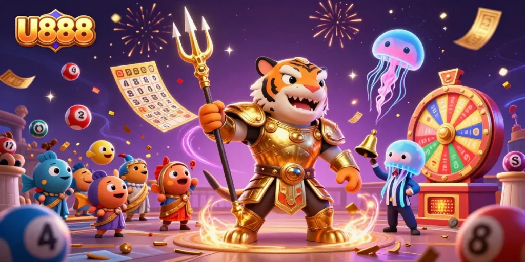 Spin the reels with U888's vibrant gaming atmosphere featuring a golden gladiator shark!