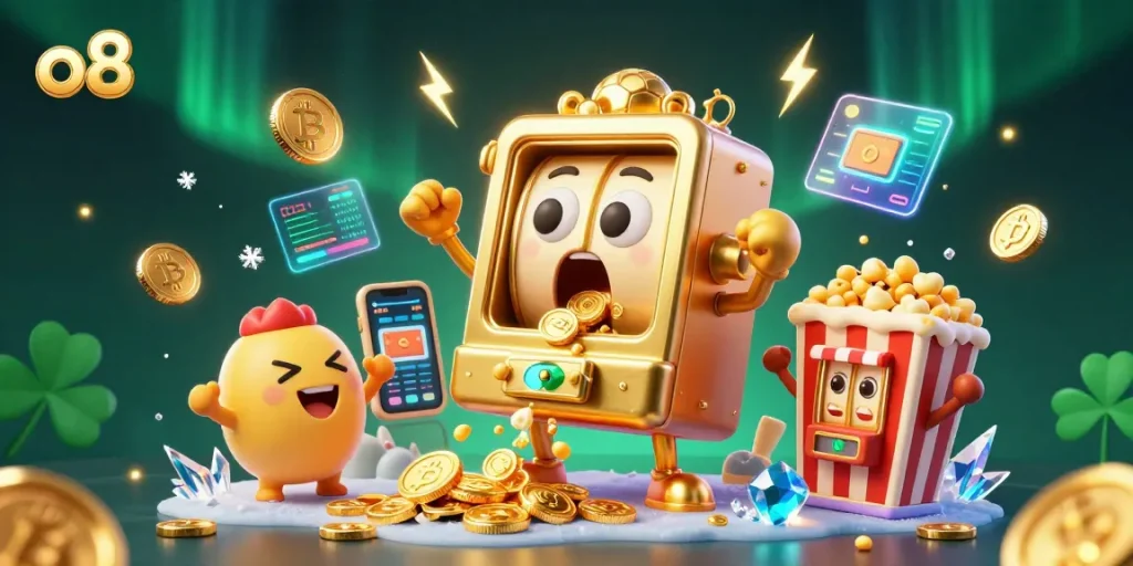 Experience o8's exciting jackpot with a 3D golden slot machine and vibrant gaming elements.