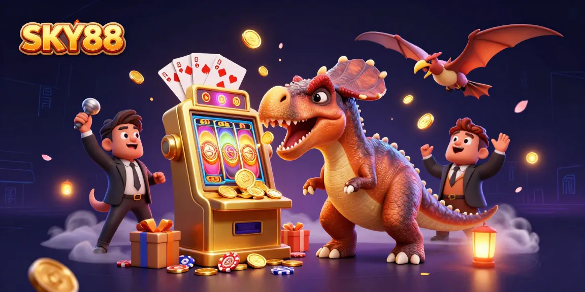 SKY88 casino features an engaging scene with characters celebrating a slot machine jackpot, reflecting excitement in gambling.