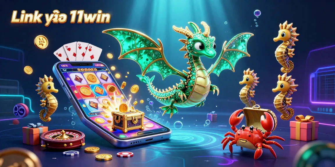 Play exciting games at Link vào 11win with golden coins and vibrant slot reels in a lively underwater scene.