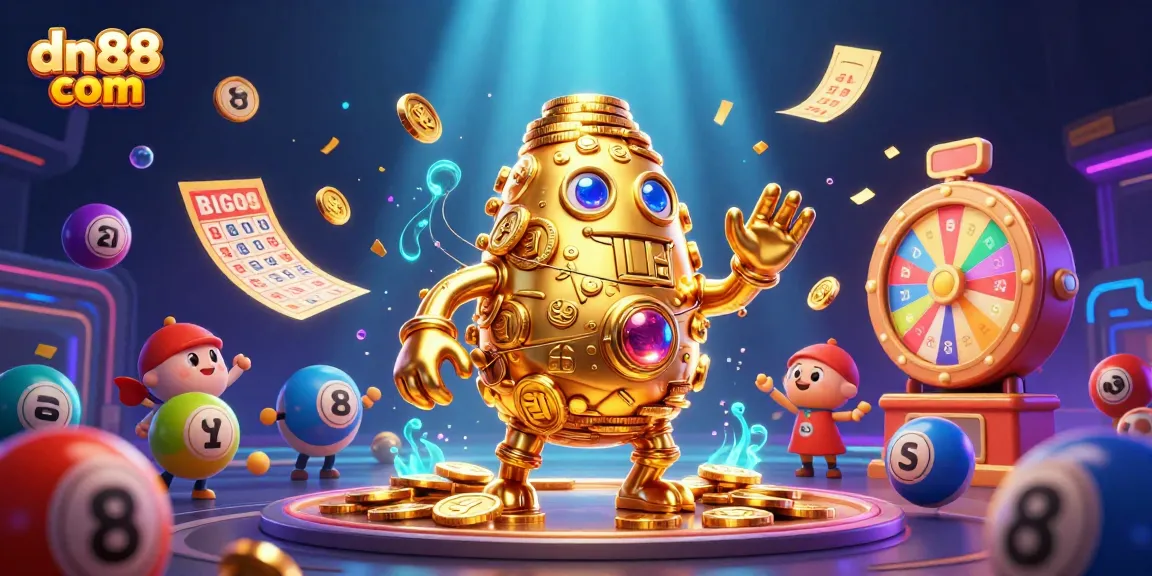 Experience thrilling gameplay at dn88 com with vibrant elements and a golden golem amidst dynamic lottery activity.