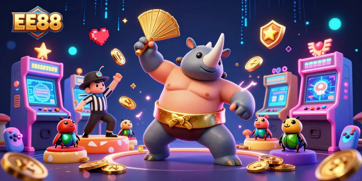 EE88 stampede of gold coins featuring beetle champions and arcade games in a vibrant casino scene.