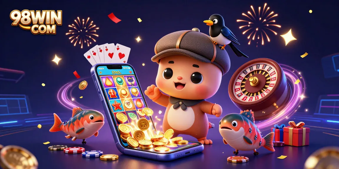 Win big at 98WIN COM with an exciting illustration showcasing playful casino themes and vibrant gaming elements.