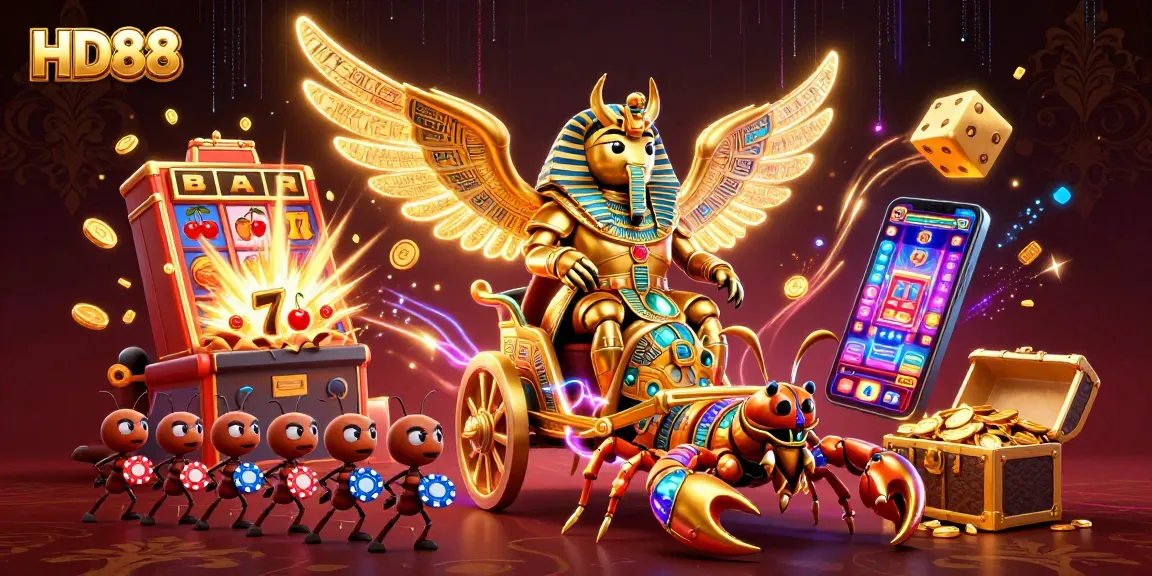 HD88 players enjoying a vibrant casino scene with a golden scarab and a jackpot explosion.