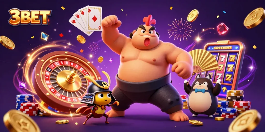 Experience thrilling moments with 3BET's cartoon sumo wrestler, samurai cricket, and tanuki announcer in a vibrant casino scene.