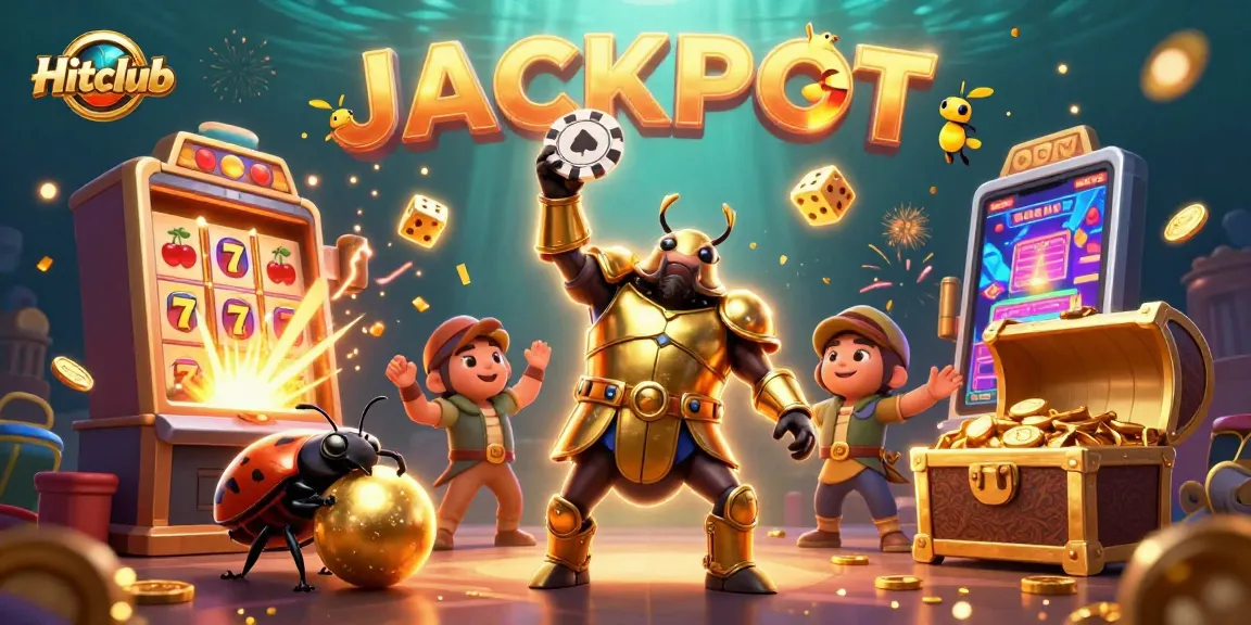 Hitclub captures excitement with a 3D beetle lifting a poker chip amidst an explosion of casino elements.