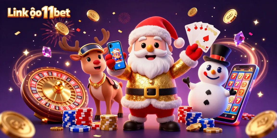 Experience excitement at Link vào 11bet with Santa, his reindeer, and casino games in a vibrant 3D scene.