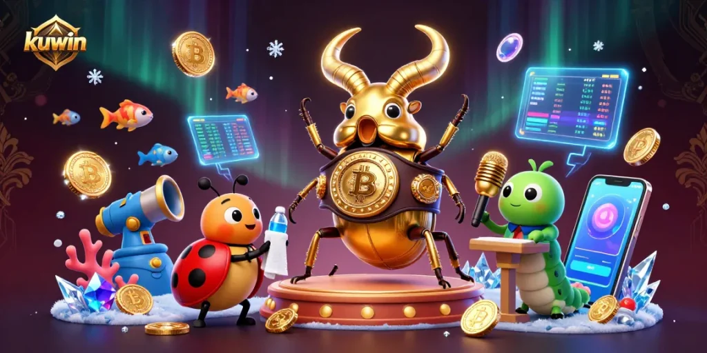 kuwin fish shooting game featuring giant golden stag beetle, vibrant underwater elements, and crypto coins