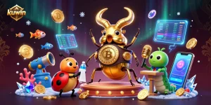kuwin fish shooting game featuring giant golden stag beetle, vibrant underwater elements, and crypto coins