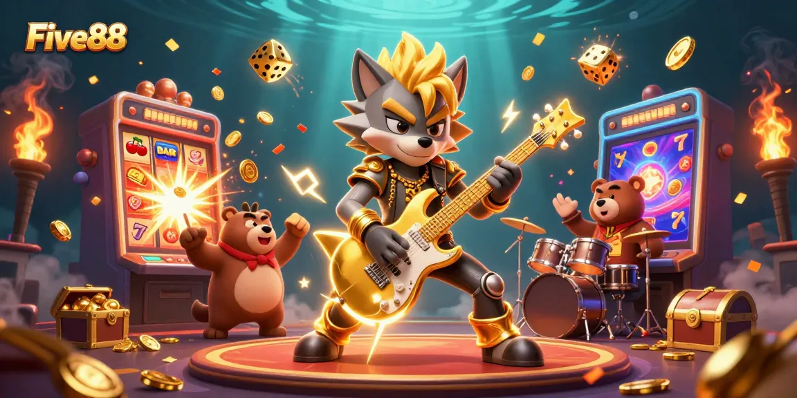 Engage in thrilling gameplay at Five88 with a vibrant casino illustration featuring a rock star wolf and drummer bear.