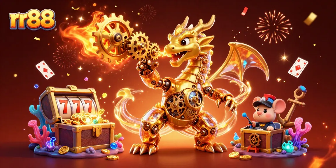Experience the thrill of playing at rr88 with vibrant slot machines and a dynamic dragon scene.