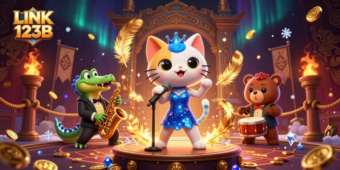 Experience the vibrant atmosphere of LINK 123B with gaming characters and glittering casino elements.