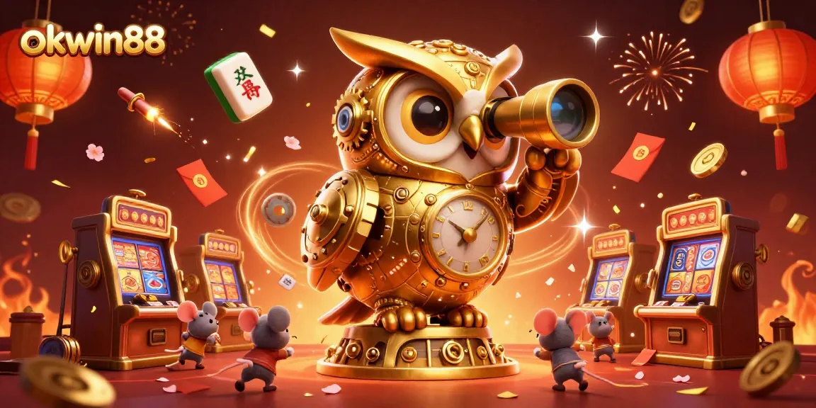 Engage with thrilling excitement at okwin88's casino, featuring vibrant 3D illustrations of owls and golden coins.