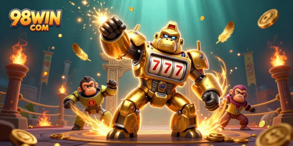 Experience the thrill of 98WIN COM with a dynamic 3D illustration showcasing slot machines and casino action.