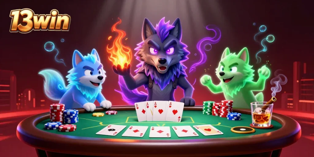 Engage in thrilling poker action at 13win with ghostly wolves and vibrant casino elements.