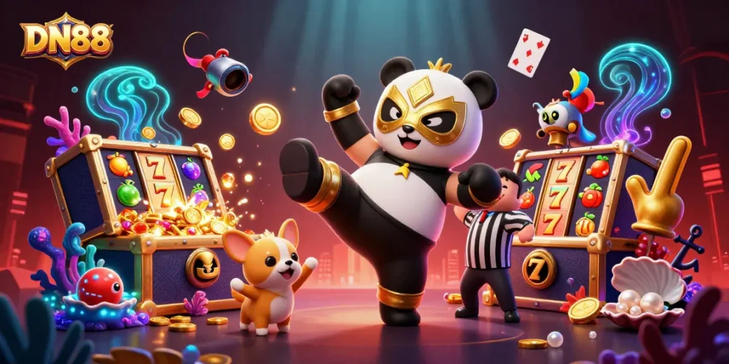 Experience thrilling slots at DN88 with vibrant characters and dynamic casino elements in a lively scene.