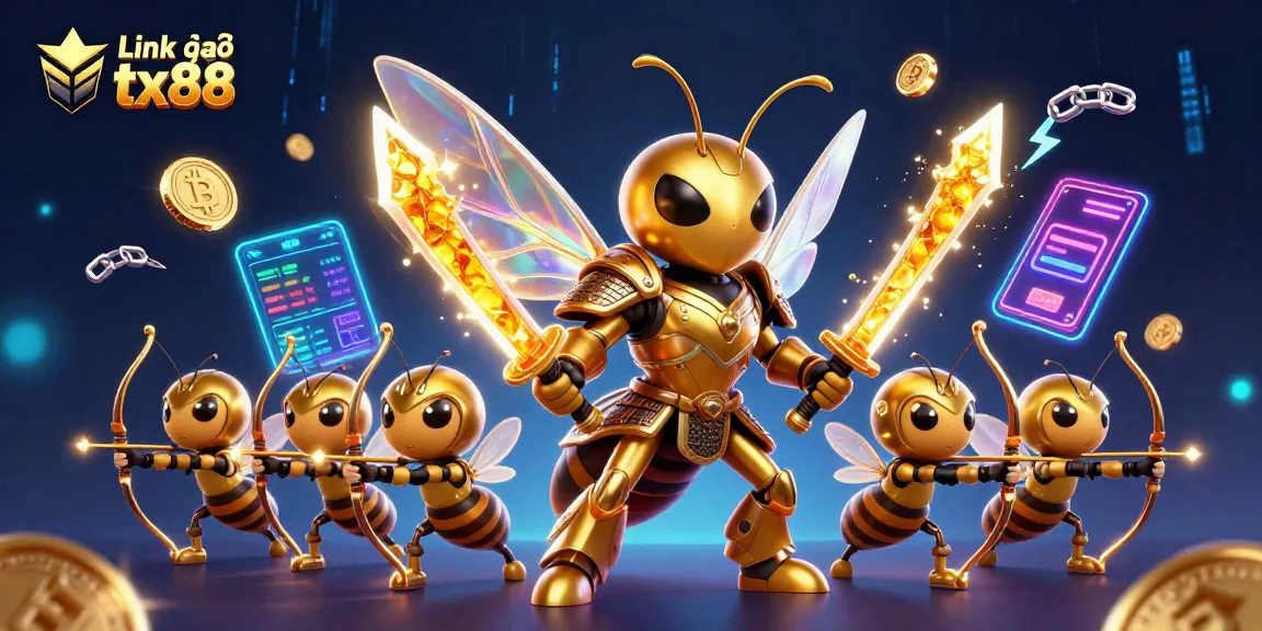 Engage with Link vào tx88, featuring vibrant 3D illustration of a samurai hornet and bee archers in an electrifying casino scene.