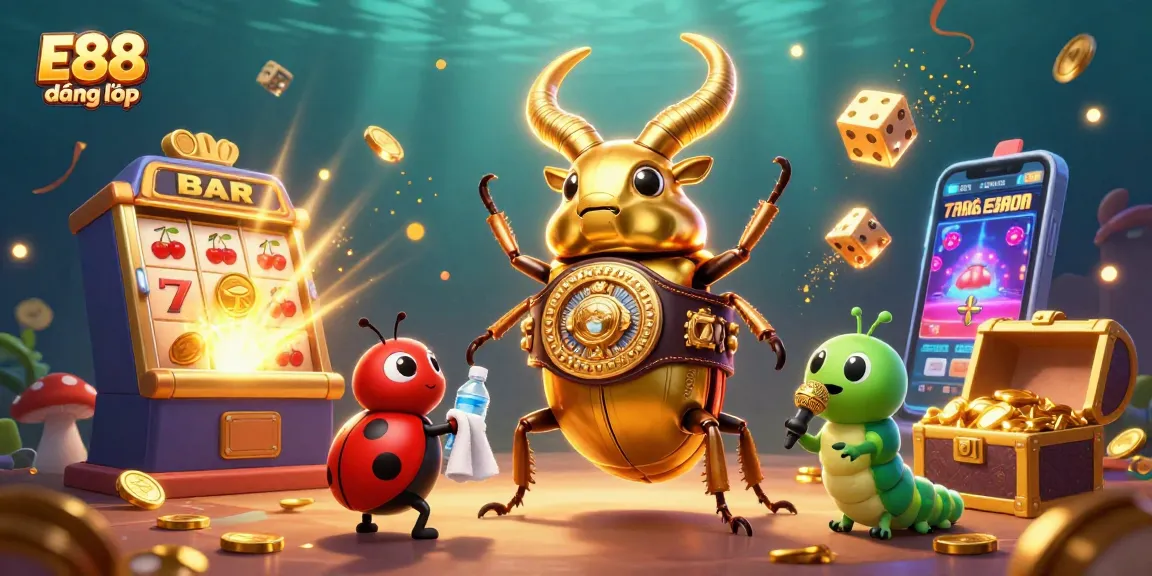 Experience E88 đăng nhập excitement with a golden stag beetle champion in a dynamic casino scene.