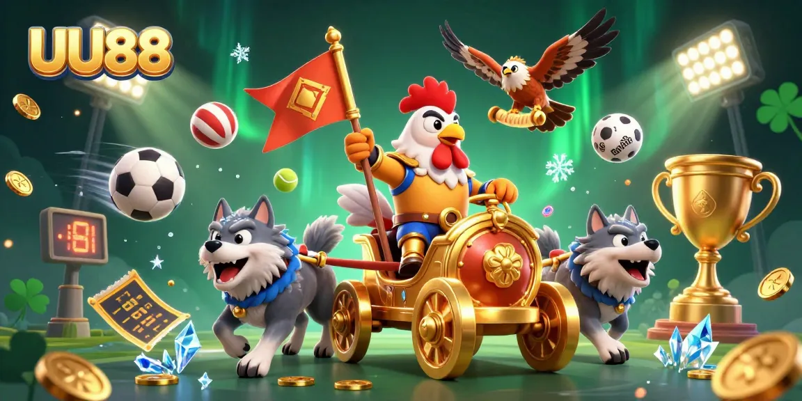 Experience thrilling gameplay at UU88 with vibrant casino action and sports excitement surrounding a golden war chariot.