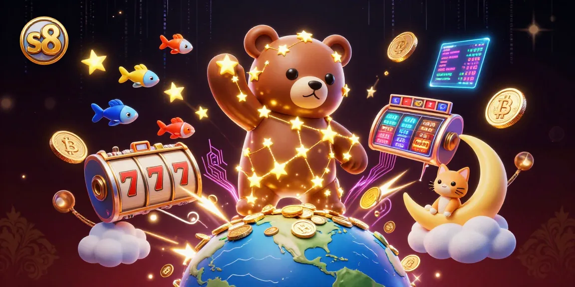 Play thrilling casino games with s8, experiencing a vibrant, dynamic atmosphere filled with celestial characters and slot action.