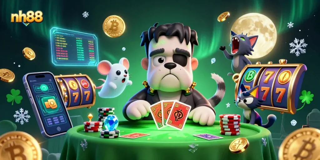 Players enjoy exciting slot games at nh88 featuring a spooky casino scene with unique characters.