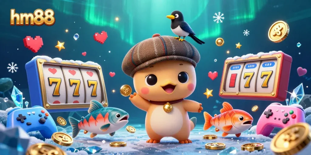 Experience the thrilling casino gaming atmosphere with hm88 as Nessie and friends play amidst dazzling slot reels and gold.