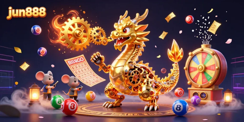 Experience thrilling gameplay at jun888 with vibrant games, golden rewards, and engaging casino scenes.