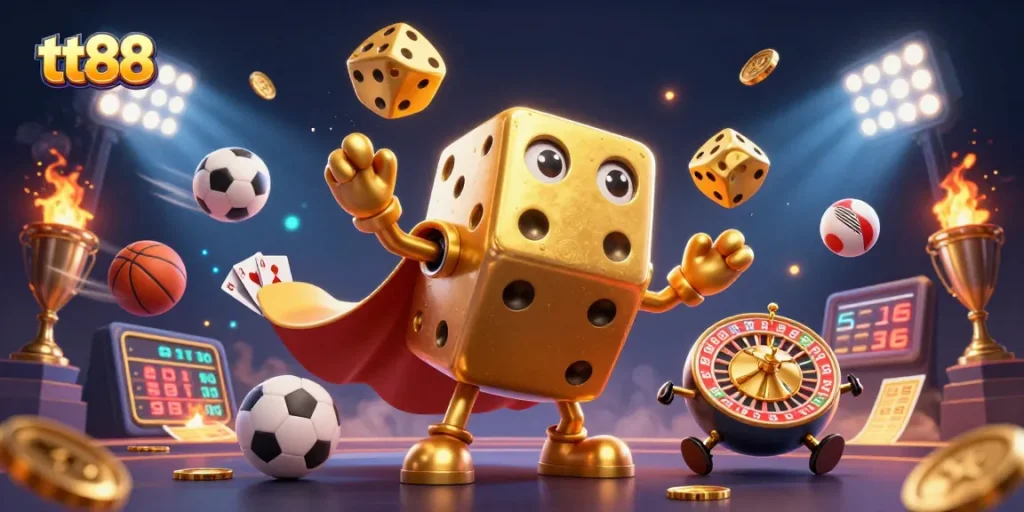 Engage with gaming excitement at tt88 featuring golden dice, sports elements, and dynamic action.