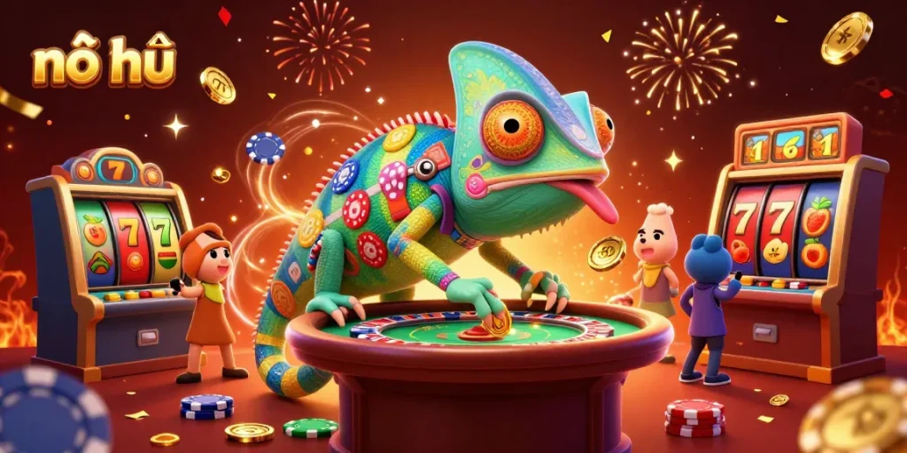 Experience the thrill of nổ hũ with dynamic casino elements and colorful chameleon characters.