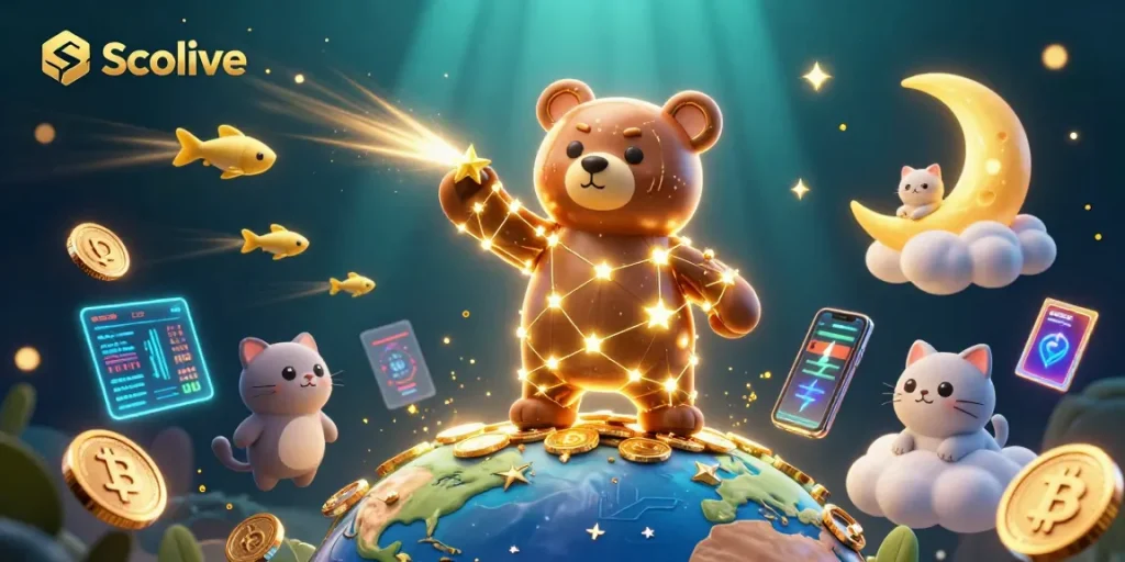 Socolive showcases an engaging scene with a constellation bear collecting coins, surrounded by cryptocurrency elements in a digital casino