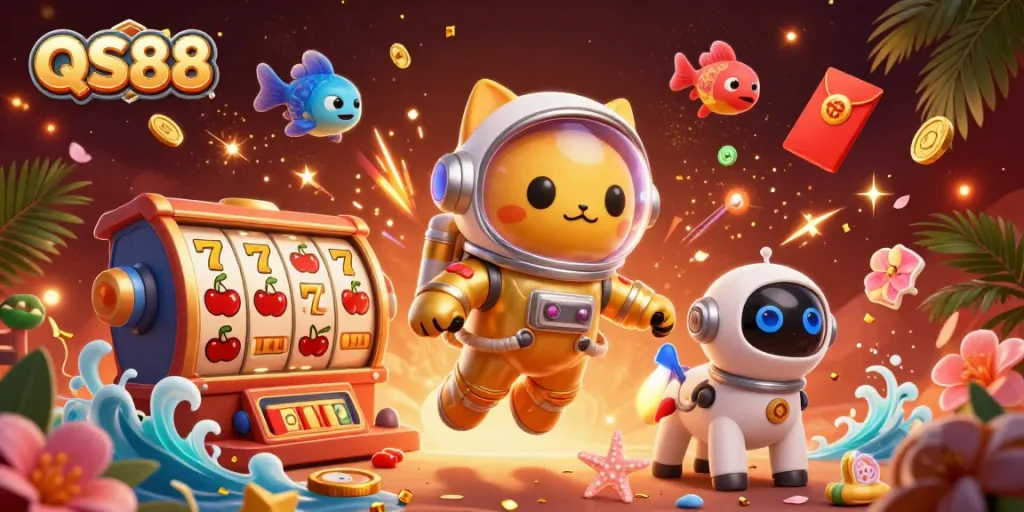 Experience the thrill of QS88 with an astronaut cat and slot reels in a vibrant casino scene.