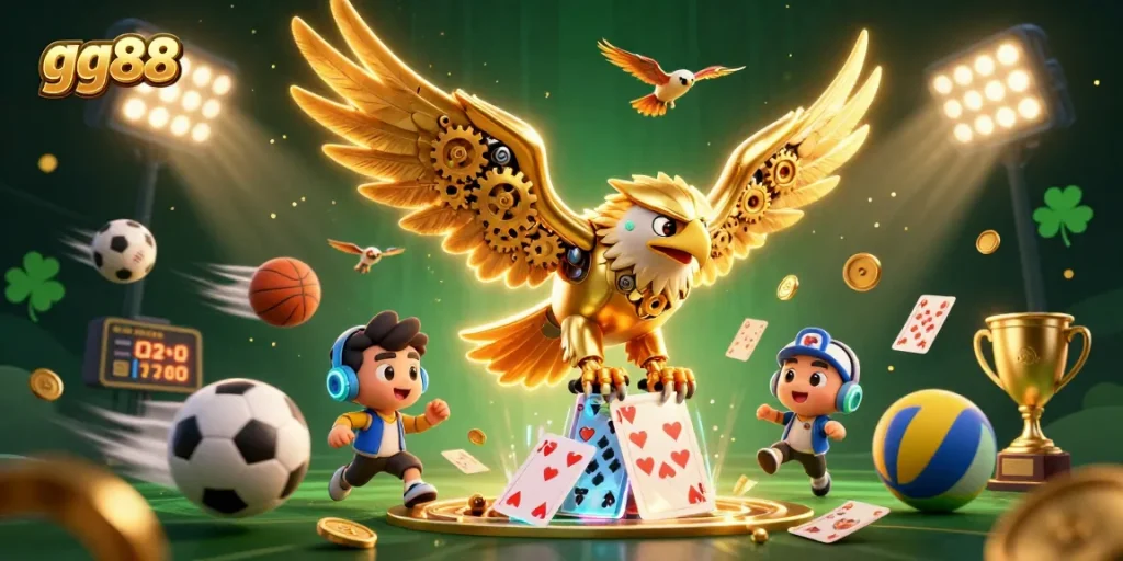 Experience thrilling action at gg88 with a cybernetic eagle diving through holographic cards and vibrant sports elements.